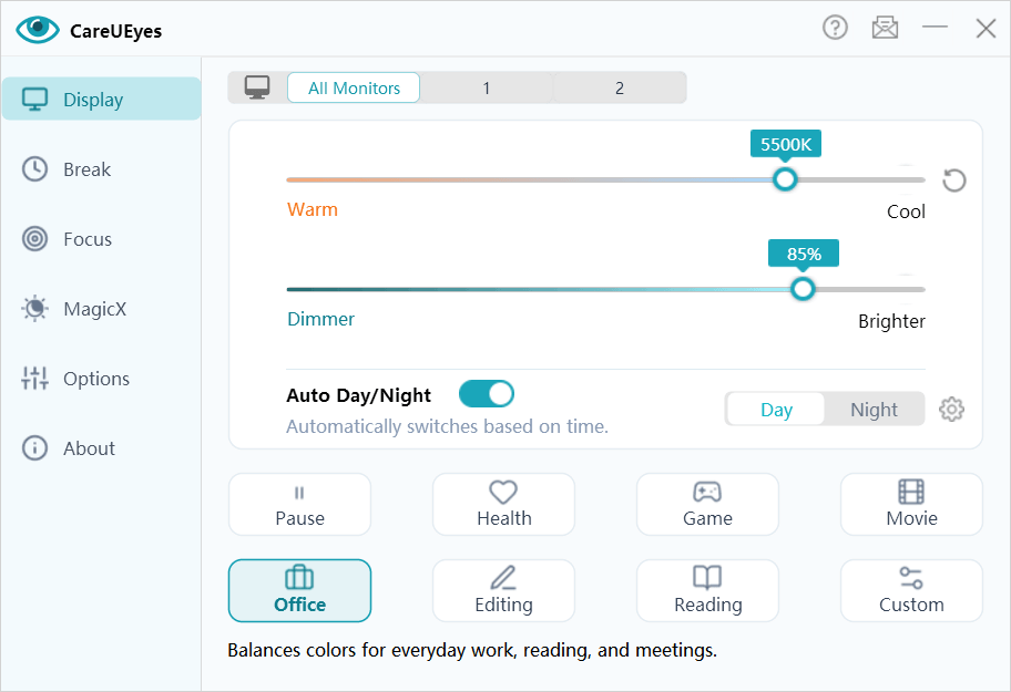 CareUEyes screen dimmer with multi-monitor brightness control