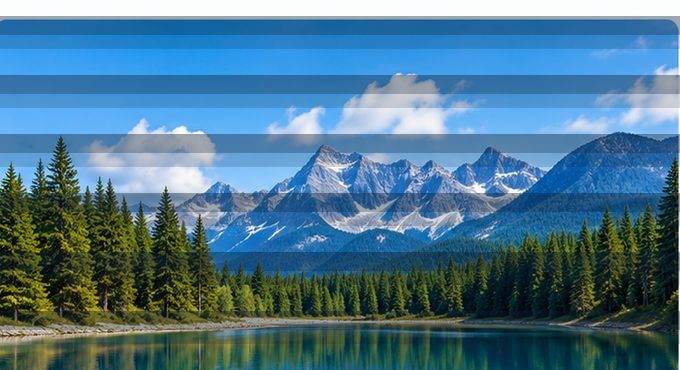 Mountain lake image with simulated horizontal dark bands resembling PWM banding in a camera recording